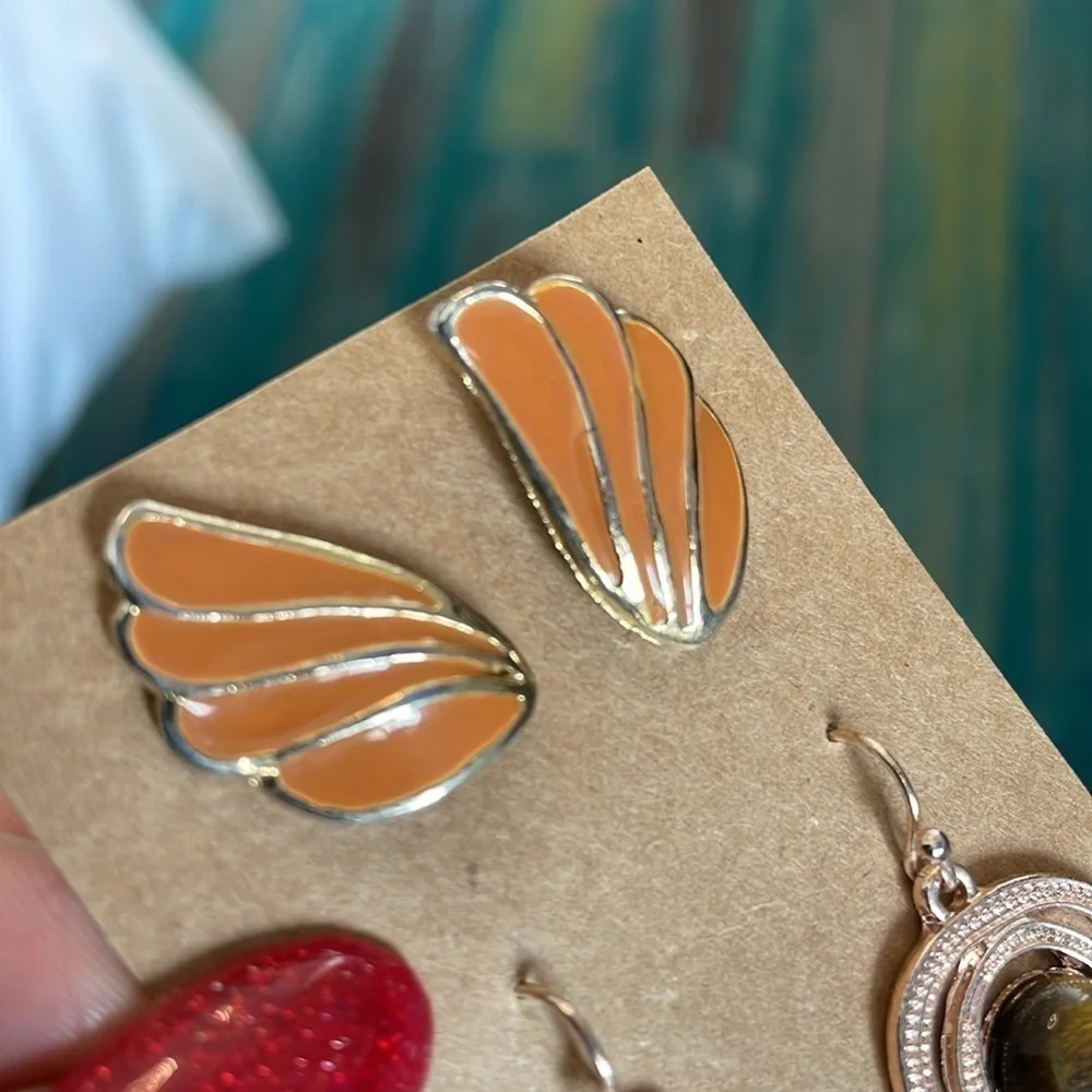 3 pair modern vintage retro tigers eye semi precious stone gold and silver tone